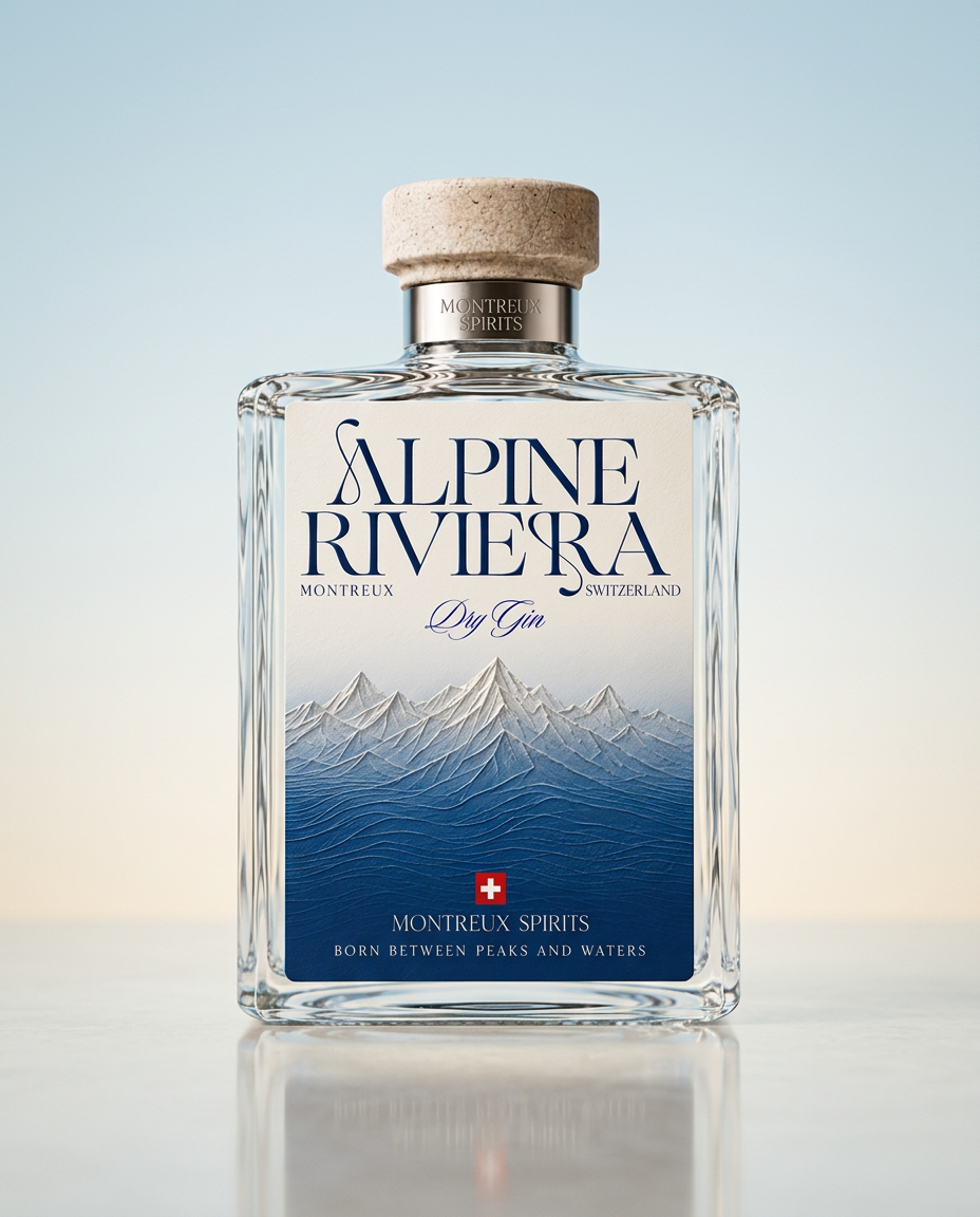 Alpine Riviera Dawn, a Montreux dry gin, in a square-shouldered glass bottle with a silver neck band and cork stopper