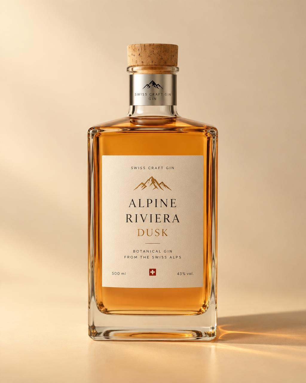 Alpine Riviera Dusk, an amber-toned botanical gin in a square-shouldered glass bottle with a silver neck band and cork stopper