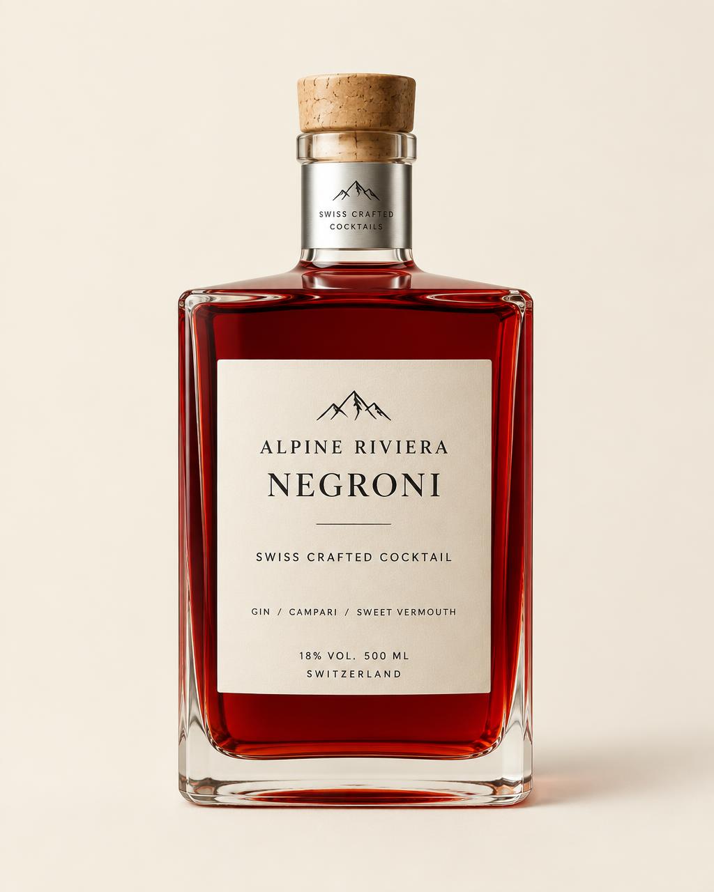 Alpine Riviera Negroni, a deep ruby bottled cocktail in a square-shouldered glass bottle with a silver neck band and cork stopper