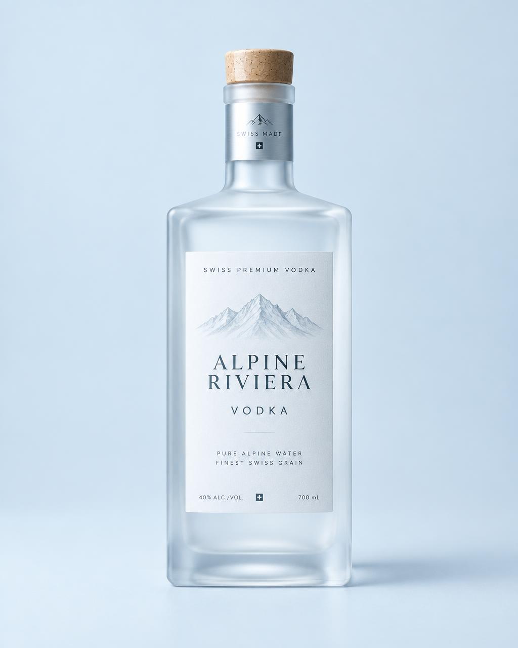 Alpine Riviera Vodka, a crystal-clear vodka in a frosted square-shouldered glass bottle with a silver neck band and cork stopper